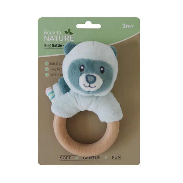 Back To Nature Wood Ring Rattle - Blue Raccoon