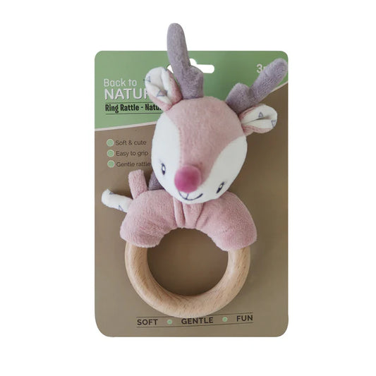 Back To Nature Wood Ring Rattle - Pink Reindeer