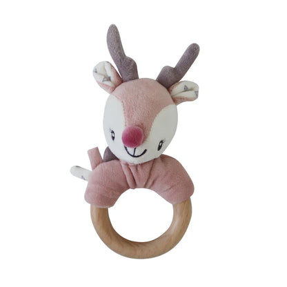Back To Nature Wood Ring Rattle - Pink Reindeer
